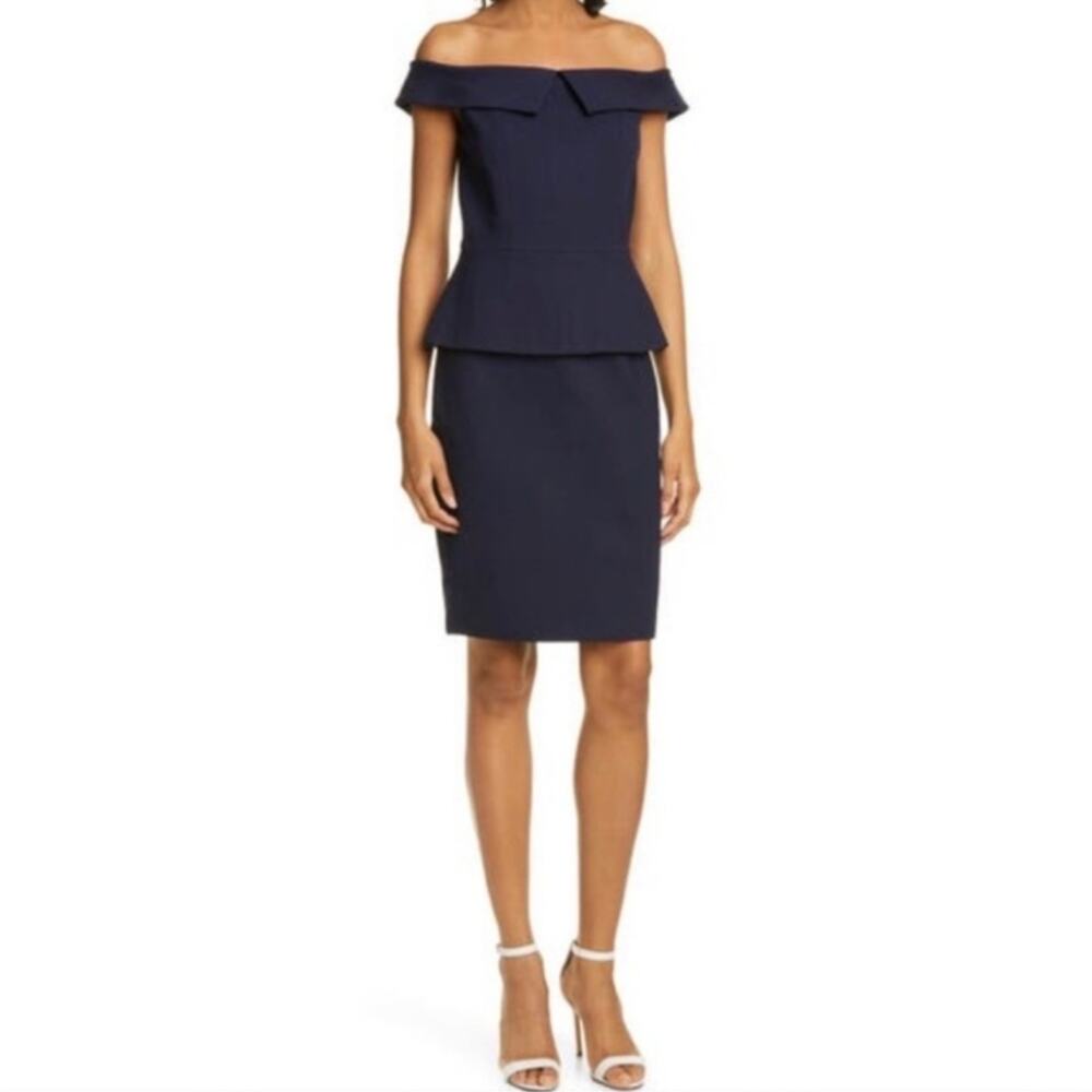 NWT Ted Baker Laetita Navy Blue Peplum Midi Dress Bardot Off Shoulder Size 5 14